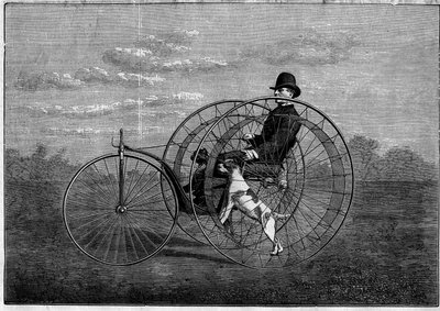De cynofere: velocipede aangedreven door honden. Uitvinding van het einde van de 19e eeuw. Gravure in "Het Illustere Universum" van 6 mei 1876 door Unknown artist