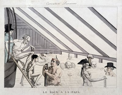 Het papa bad: karikatuur over de zwembaden in Parijs door Unknown artist