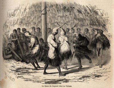 De dans van de bayente, of dans van de duivel, onder de Yahua-indianen van Peru, georganiseerd ter ere van de maan, vindt elk jaar plaats in een hut midden in het bos; na de ceremonie worden de hut, fluiten en trommels zorgvuldig verbrand. Gravure door Unknown artist