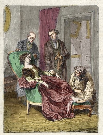 De dood van Hannah Greener veroorzaakt door inademing van te veel chloroform (anesthesie) - 1848 - Hannah GREENER, een 15-jarig meisje bezwijkt aan een syncope tijdens een chloroform anesthesie toegediend om een ingegroeide nagel te opereren - gravure door Unknown artist
