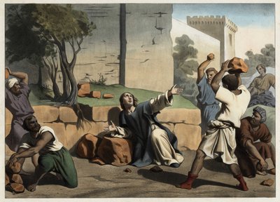 De dood van Sint-Stefanus: Sint-Stefanus gestenigd door de Joden wordt beschouwd als de eerste christelijke martelaar. Anonieme gravure uit het midden van de 19e eeuw. door Unknown artist