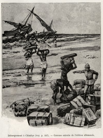 De ontscheping bij Chimbye (Tanzania) van de Peters-expeditie. Gravure ter illustratie van het verhaal 