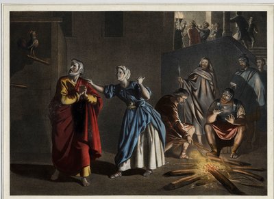 De verloochening van St. Peter: zoals Christus had voorspeld, verloochent St. Peter Christus drie keer terwijl de haan de dag aankondigt. Anonieme gravure uit het midden van de 19e eeuw. door Unknown artist