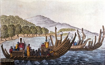Het vertrek van Polynesiërs naar de Stille Oceaan aan boord van dubbelrompkano