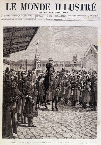 Het vertrek van de Compagnie van het 200e Regiment. Groet aan de vlag in het Gare de Lyon. “De Geïllustreerde Wereld”. 23/03/1895. Tekening. door Unknown artist