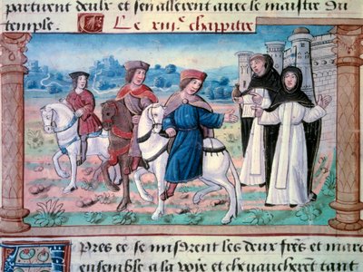 Het vertrek van de broers Nicolo en Matteo Polo, vader en oom van de jonge Marco Polo (1254-1324) met de jonge man rond 1271. Miniatuur uit 