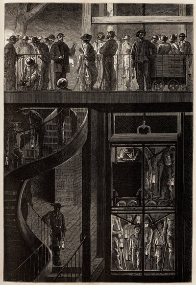 De afdaling van mijnwerkers (mannen, vrouwen en kinderen) door de liftkooi naar de ondergrondse galerijen van de Creusot kolenmijnen. Gravure ter illustratie van een reis naar de Creusot en de mijnen van Saone en Loire, in 1865, door L. Simonin, in 