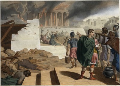 De vernietiging van de tempel en de stad Jeruzalem in 70 door de Romeinse keizer Titus (40-81). Anonieme gravure uit het midden van de 19e eeuw door Unknown artist