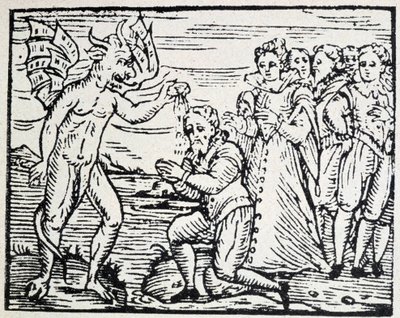 De duivel die mannen en vrouwen in gebed doopt - gravure door Unknown artist