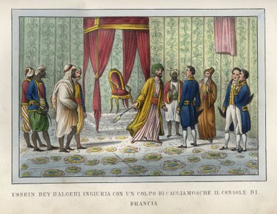 De dey van Algiers, Hussein, voelde zich beledigd door de Franse consul Pierre Deval en sloeg hem met zijn vliegenmepper in april 1827. Deze episode was beslissend in de evolutie van gebeurtenissen die leidden tot de verovering van Algiers in 1830. Gravure door Unknown artist
