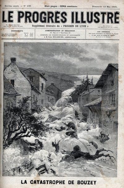 De ramp van Bouzey (Vosges), de dam van het reservoir van Epinal brak, waardoor 7 miljoen kubieke meter water vrijkwam - Gravure in 