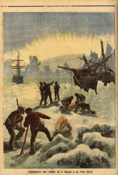 De ontdekking van de resten van de Ripple (Noors schip), gevangen in het ijs op de Noordpool. Gravure in 