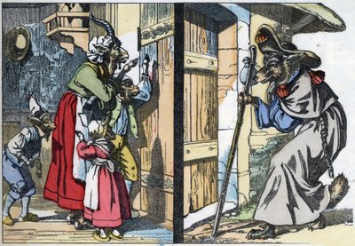 De vermomde wolf klopt op de deur van het huis met de geit en de biquets. Illustratie van het sprookje 