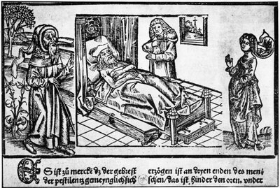 De dokter in bed van de pestlijder, houtsnede uit de "Liber pestilentialis" door Jérôme Brunschwig, Straatsburg door Unknown artist