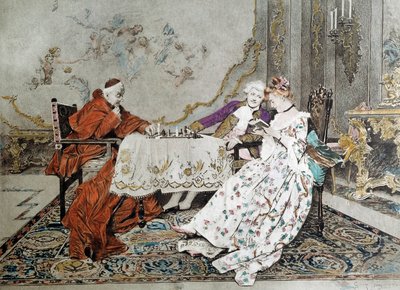 Het dubbele spel. Een kardinaal speelt een schaakspel tegen een jonge man die een verleidingsspel speelt met een jonge vrouw naast hem. Illustratie uit de 19e eeuw. Parijs, Decoratieve Kunsten door Unknown artist