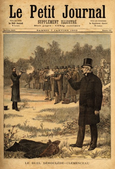 Het duel met het pistool (verboden in Frankrijk sinds 1626) tussen afgevaardigden Paul Deroulede (1846-1914) en Georges Clemenceau (1841-1929), geen schade. Gravure in Le petit journal 7/01/1893. Selva