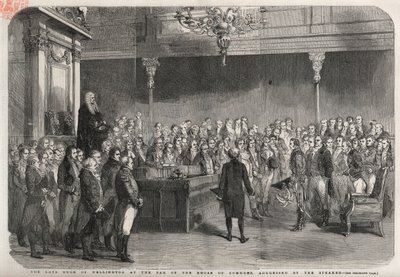 De hertog van Wellington (Arthur Wellesley (1769-1852)) staat aan de bar van het Lagerhuis om de felicitaties van de voorzitter te ontvangen voor zijn overwinning bij Vimeiro, Peninsulaire Oorlog door Unknown artist