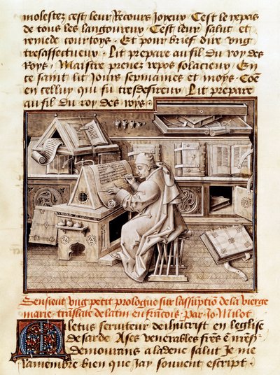 De geestelijke, kopiist en vertaler Jean Mielot (overleden 1472) werkt in zijn kantoor Pagina van een 15e-eeuws manuscript door Unknown artist