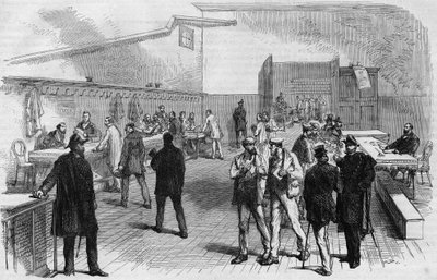 De verkiezingen in Parijs in 1869: distributie van stembiljetten in het stadhuis van Montmartre. Gravure uit 1869. door Unknown artist