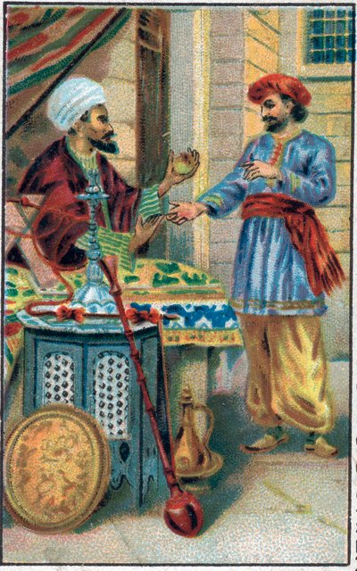 De betoverde appel. Verhaal van Prins Ahmed en de fee Paris-Banou (Pari Banou) (Paribanu). Verhaal van 1001 nachten (verhalen van de duizend en één nachten). Chromolithografie van de late 19e eeuw door Unknown artist