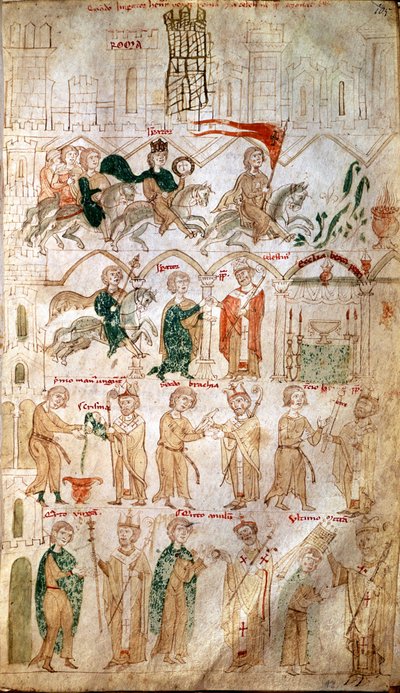De intocht van Hendrik VI van het Heilige Rijk (1165-1197) in Rome en zijn kroning als keizer op 14/04/1191 door paus Celestin III. Pagina uit “Liber ad honorem Augusti” door Pietro da Eboli (Peter van Eboli) - (codex 120, fol 105) 13e eeuw Burgerbibli door Unknown artist