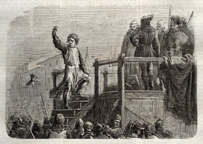 De executie van Conradin, koning van Sicilië en hertog van Zwaben (1252-1268) door bevel van Karel van Anjou na de slag bij Tagliacozzo in 1268 door Unknown artist