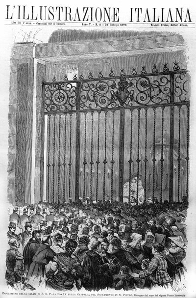 De tentoonstelling van het lichaam van paus Pius IX (1792-1878) in de kapel van het Sacramento in het Vaticaan. Omslag van 