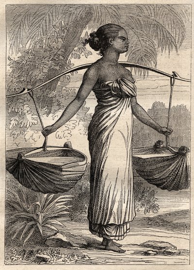 De expeditie rond de wereld (1790-1792) door Kapitein Etienne Marchand (1755-1793): waterdrager in Timor (Oost-Timor, Indonesië) - illustratie uit 