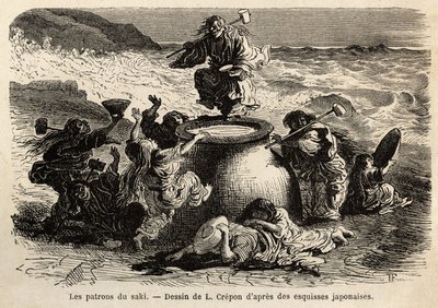 De familie van de uitvinders van sake, bestaande uit ouders en hun acht kinderen, collectieve bazen van de brouwerij, ze wonen aan de kust van de grote Oceaan, dragen een riem van eikenbladeren en een lange rode haardos die hen tot aan de heupen bedekt, ar door Unknown artist