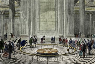 De beroemde pendule-ervaring van Leon Foucault in 1851 die de rotatie van de aarde aantoont in het Pantheon in Parijs. door Unknown artist