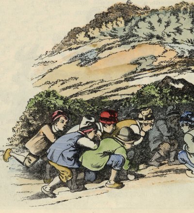 De broers van Klein Duimpje verstoppen zich in een holle rots om aan de reus te ontsnappen. Illustratie van het verhaal 