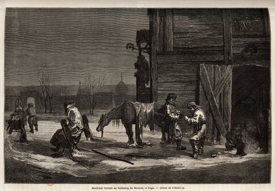 De hoefsmid in de buitenwijk van Moskou. Illustratie van zijn reis naar de Russische Baltische provincies in 1851-54. Gravure in 