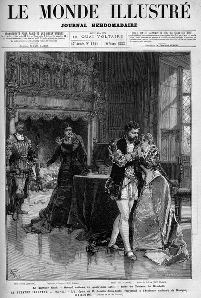 Het laatste kwartet, het tweede schilderij van het vierde bedrijf dat plaatsvindt in de kamer van het kasteel van Kimbolt. Scène uit de opera Henry VIII door Camille Saint Saens, opgevoerd in de nationale muziekacademie op 5 maart. door Unknown artist