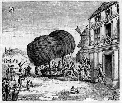 De eerste verlengde aerostaat van de gebroeders Robert voor het kasteel van de Prins van Ghistelles op 19 september door Unknown artist