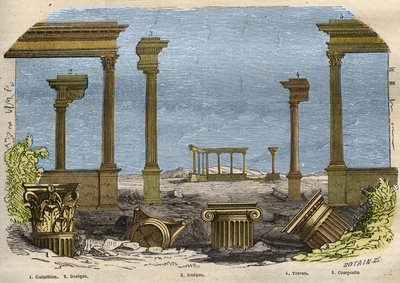 De vijf orden van klassieke (oude) architectuur: Korinthisch, Dorisch, Ionisch, Toscaans en samengesteld, elk vertegenwoordigd door een zuil. Gravure uit 1857 in 