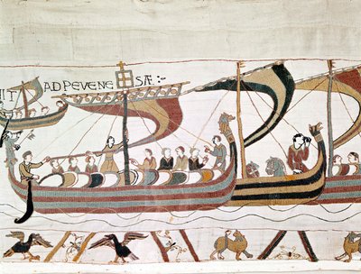 De vloot van Willem I de Veroveraar op weg naar Engeland - Tapijt van Bayeux, bekend als Borduurwerk van Koningin Mathilde door Unknown artist
