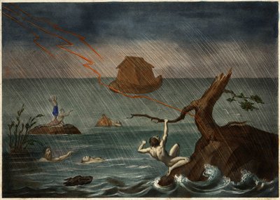 De zondvloed met de ark van Noach in de verte. Anonieme gravure uit het midden van de 19e eeuw door Unknown artist