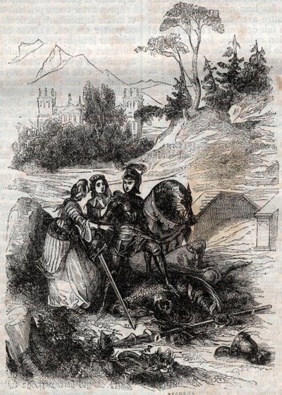 De reus Eriphile verslagen door Roger - gravure uit 1851 van 