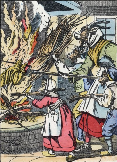 De geit en de snuisterijen steken de schoorsteen in brand (illustratie van het sprookje 