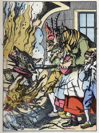 De geit doodt de wolf in de schoorsteen. Illustratie van het sprookje 