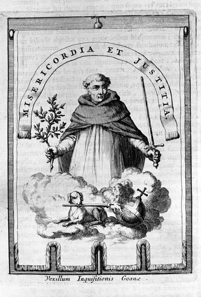 De gonfalon (gonfanon) van de Inquisitie in Goa, Portugese kolonie in India - Een Dominicaanse vertegenwoordiger draagt het embleem van de Inquisitie: een zwaard en een olijftak, symbool van straf, maar ook van vrede en gerechtigheid door Unknown artist