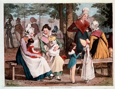 De goede: scène met kinderen en hun kindermeisjes in een park (Gravure) door Unknown artist