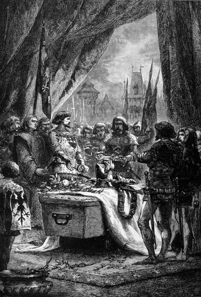 De gouverneur plaatste de sleutels van Chateauneuf de Randon op de kist van Bertrand Du Guesclin (1320 - 1380), een Bretonse krijger en Franse patriot tegen de Engelsen. Gravure uit de 19e eeuw. door Unknown artist