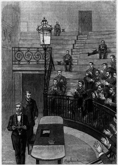Het grote amfitheater van de Faculteit der Geneeskunde van het Latijnse Kwartier in Parijs. Gravure in het tijdschrift 