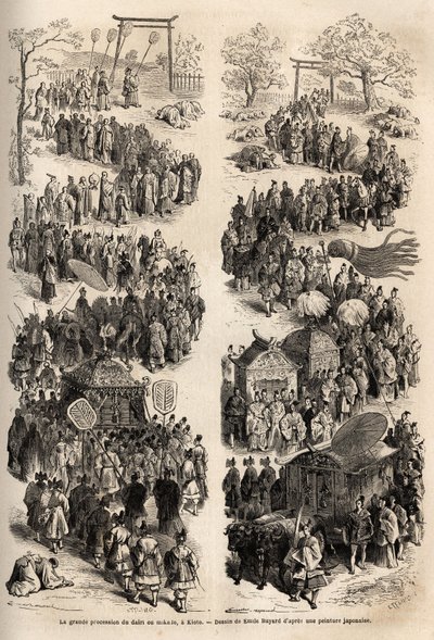 De grote processie van de Mikado (Keizer van Japan), in de dairi, het oude keizerlijke kasteel van Heian-kyo (Heian Kyo, het huidige Kyoto) van 794 tot 1869. Gravure ter illustratie van de reis naar Japan in 1863-1864, door Aime Humbert, minister van de Zw door Unknown artist
