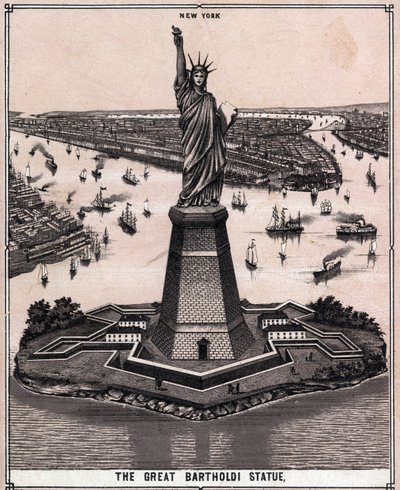Het grote Bartholdi-standbeeld in New York, VS in 