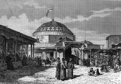 De grote bazaar van Samarkand (Samarqand of Samarkand) in Oezbekistan in de 19e eeuw. Gravure in 