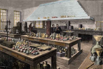 Het grote laboratorium van Louis Pasteur (1822-1895), Franse chemicus en bioloog, aan de École normale supérieure - Louis Pasteur in zijn laboratorium aan de École normale supérieure - Gravure door Meyer 1884 door Unknown artist