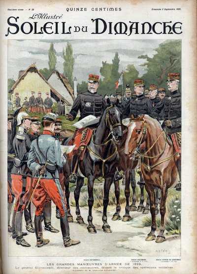 De grote manoeuvres van het leger van 1899. Generaal Giovaninelli, directeur van de manoeuvres, bekritiseert militaire operaties. Gravure in 