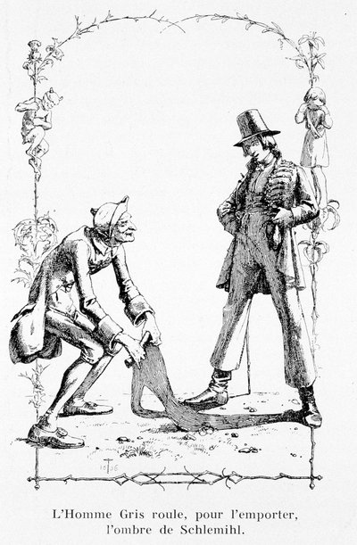 De grijze man rolt, om te winnen, de schaduw van Schlemihl - in "Het wonderbaarlijke verhaal van Peter Schlemihl" door Aldebert Von Chamisso door Unknown artist